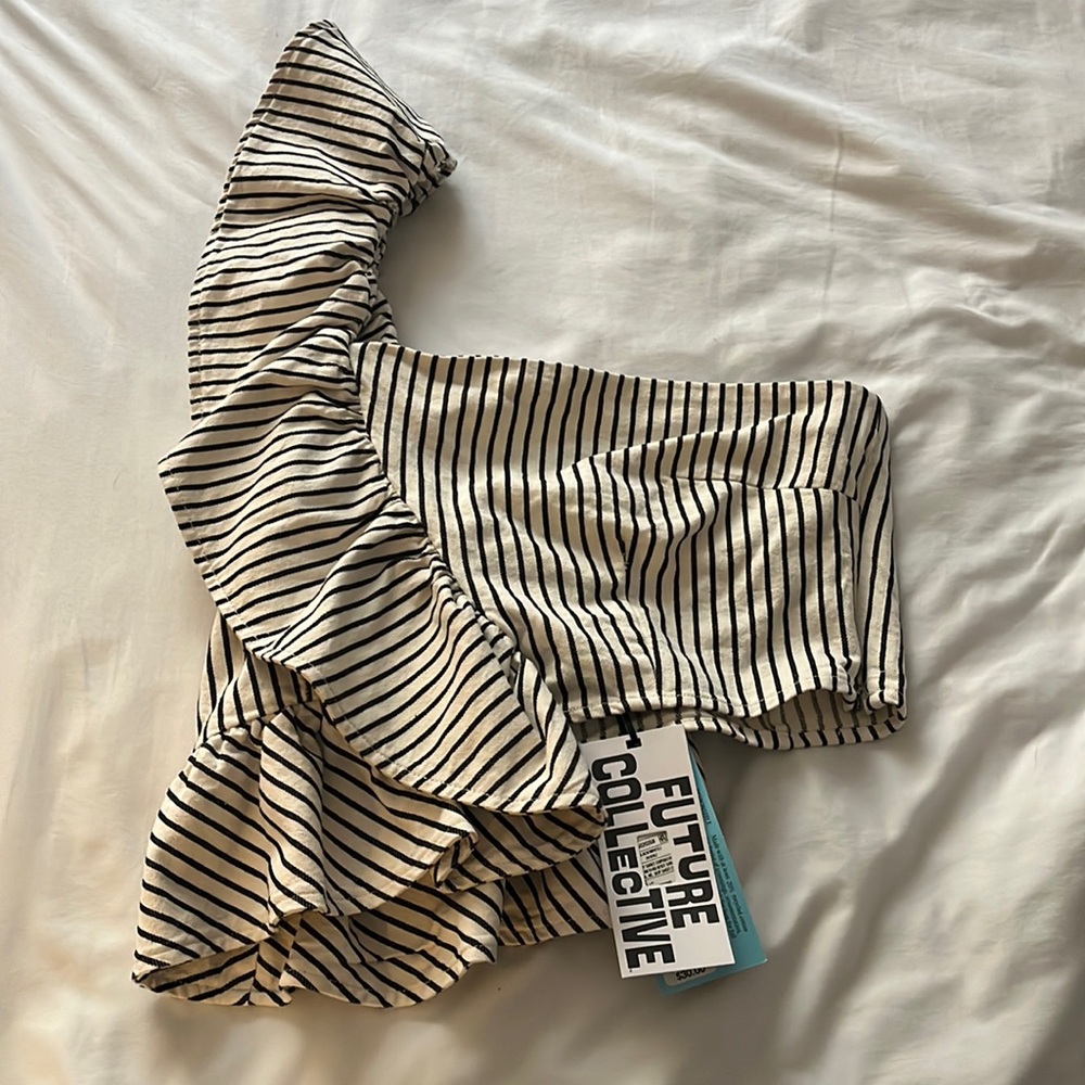 Future Collective with Gabriella Black White Ruffle Striped One Shoulder